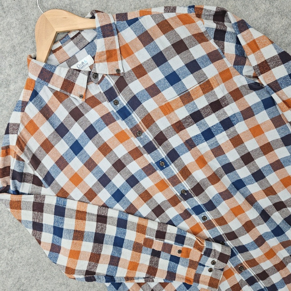 Croft & Barrow Button Down Shirt Men's XL Orange Blue Plaid Long Sleeve Flannel